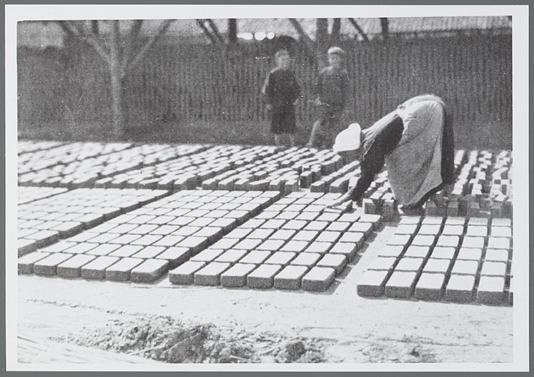Foto uit 1908 van een opsnijdster bij een Waalsteenfabriek.